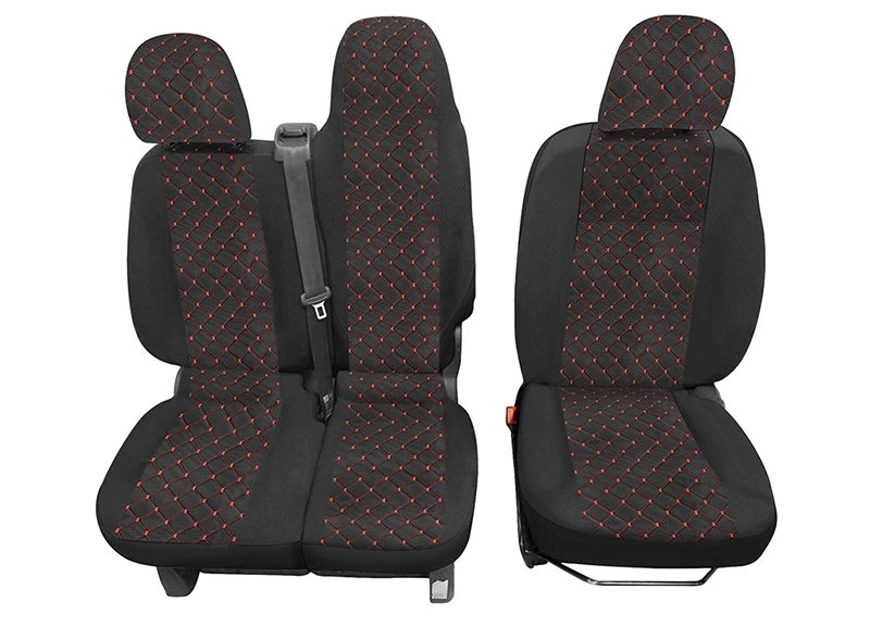 Калъфи за седалки за Opel Vivaro 2014+, черно с червено, полиестер + еластан