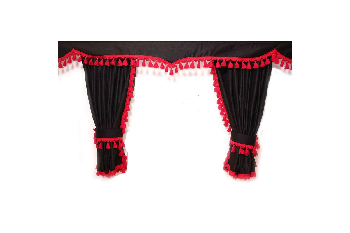 Големи -завеси- пердета за предно стъкло на камион  + челно, лукс, черно с червени ресни