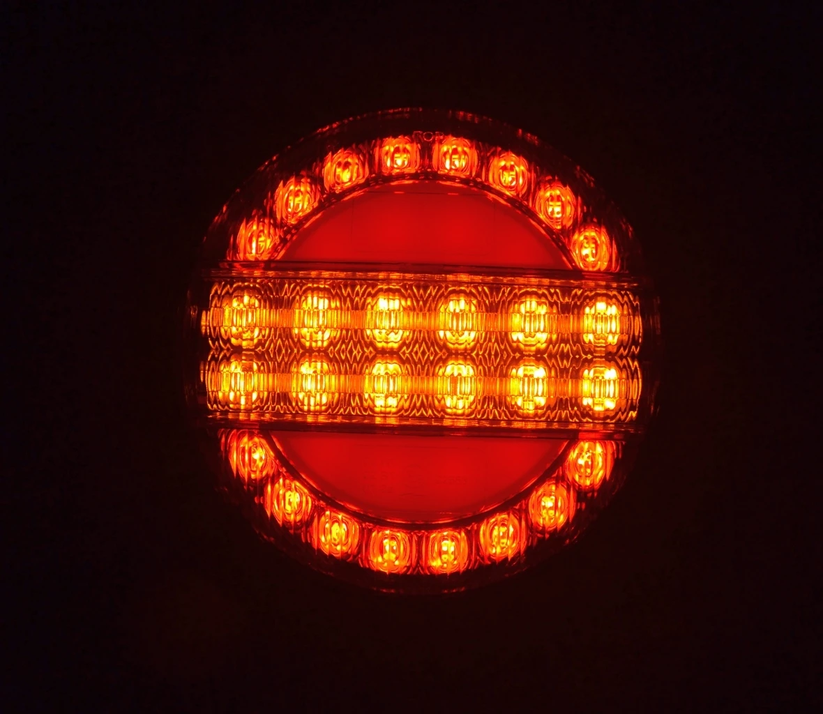 Кръгъл- LED- стоп – с -динамичен мигач, 10-30V, ЧЕРВЕНО-ЖЪЛТО,е-маркиран