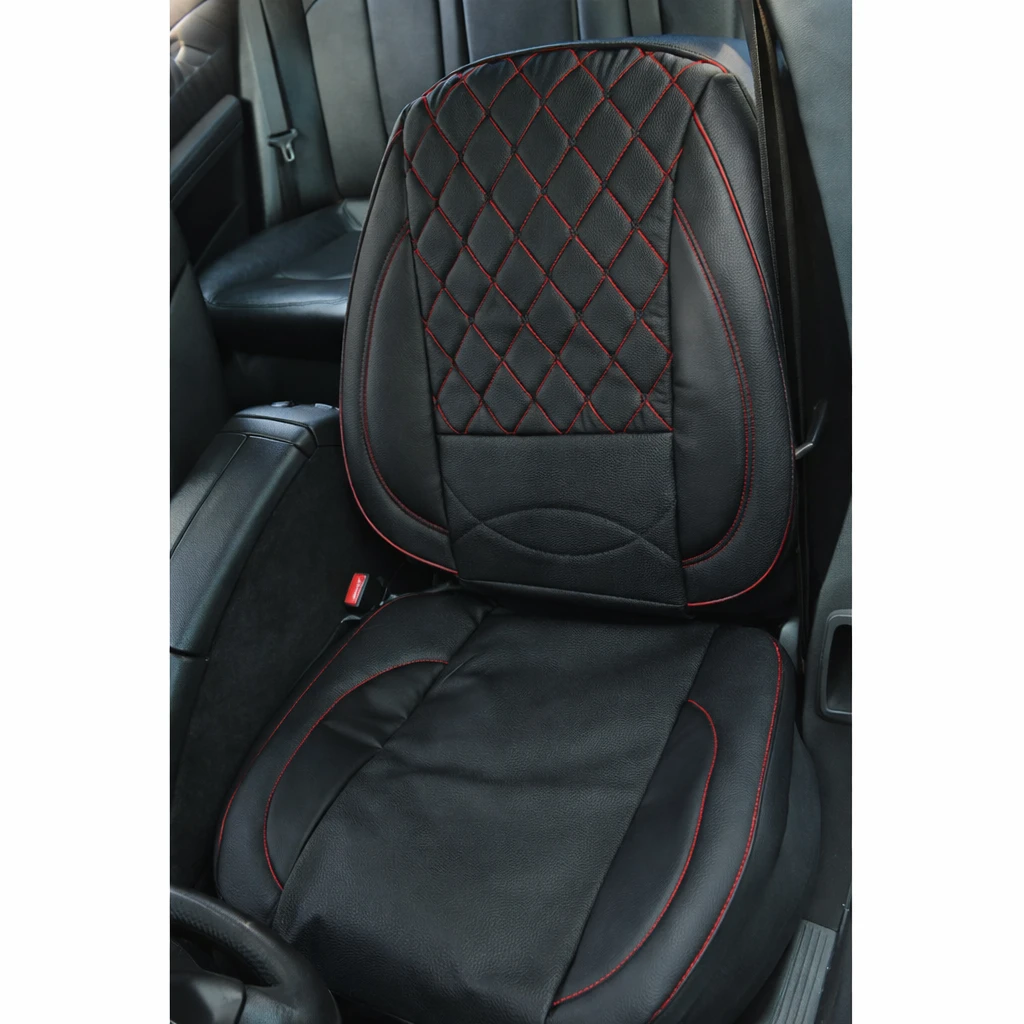 Универсална тапицерия, жакард и кожа - черна с червен шев