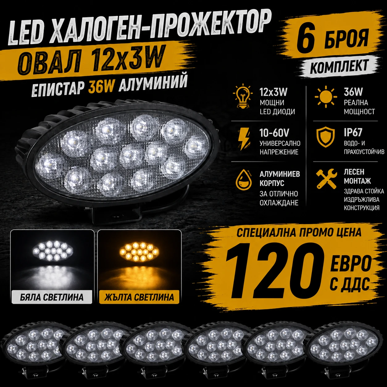 LED халоген-прожектор овал 12x3W Епистар 36W алуминий d4f108ce-b5b3-4991-a7c9-c24bd6941d96